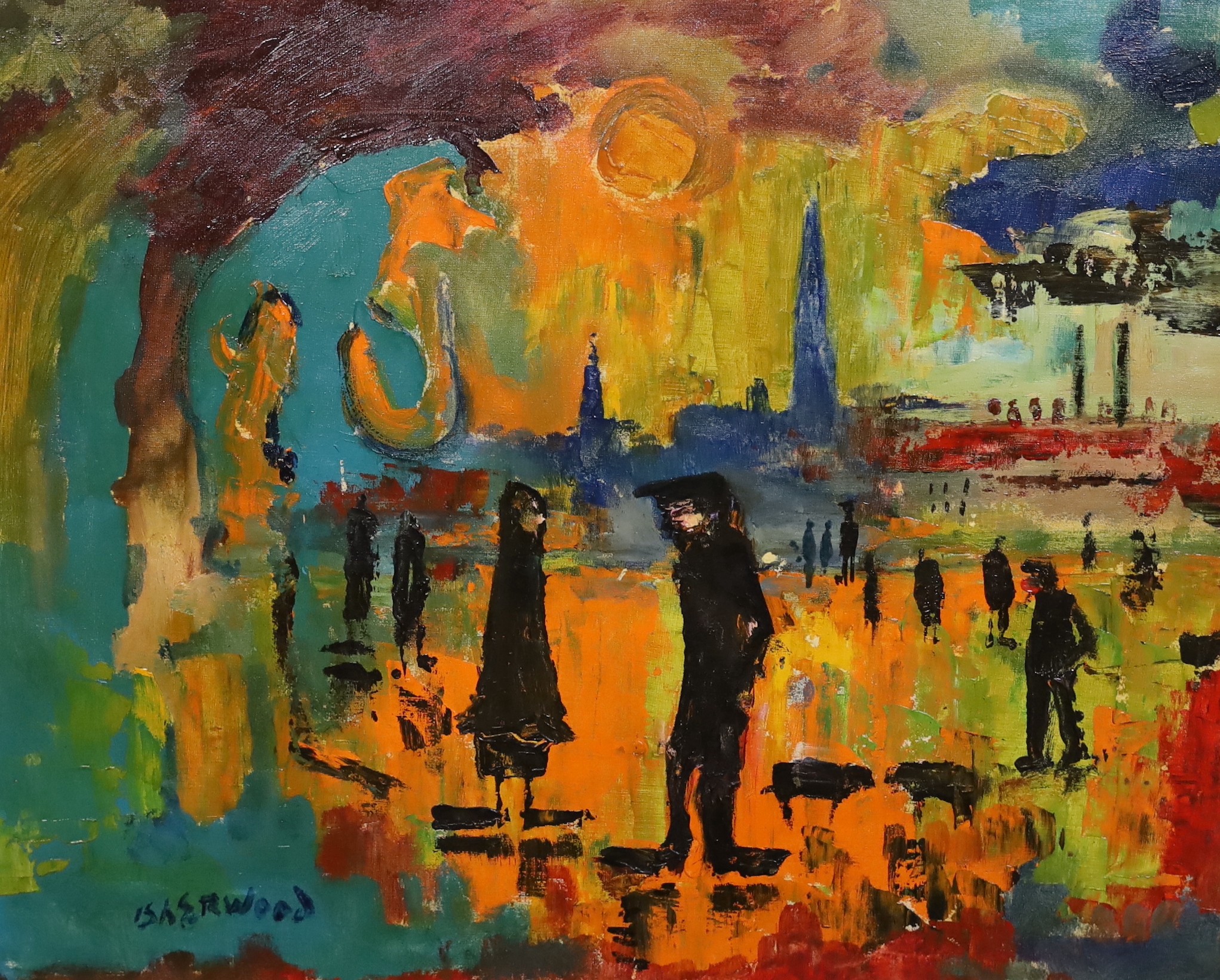 James Lawrence Isherwood (British, 1917- 1989), 'Ghost Sky / Wigan Natives', oil on, 49 x 60cm